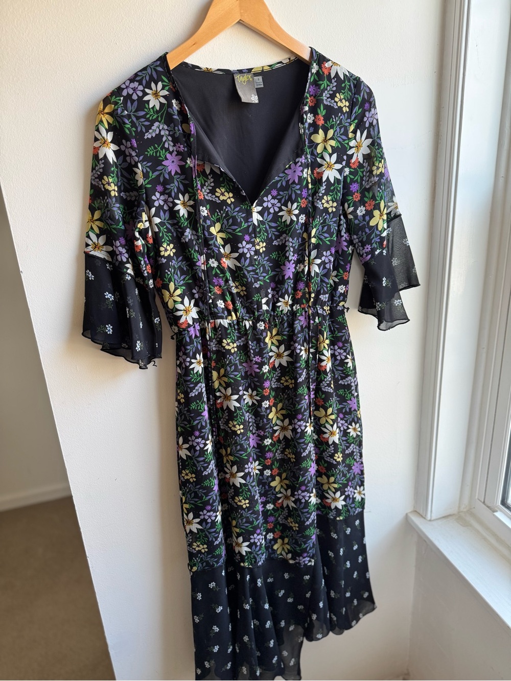 Taylor Black Floral Midi Dress with Purple & Yellow Blooms